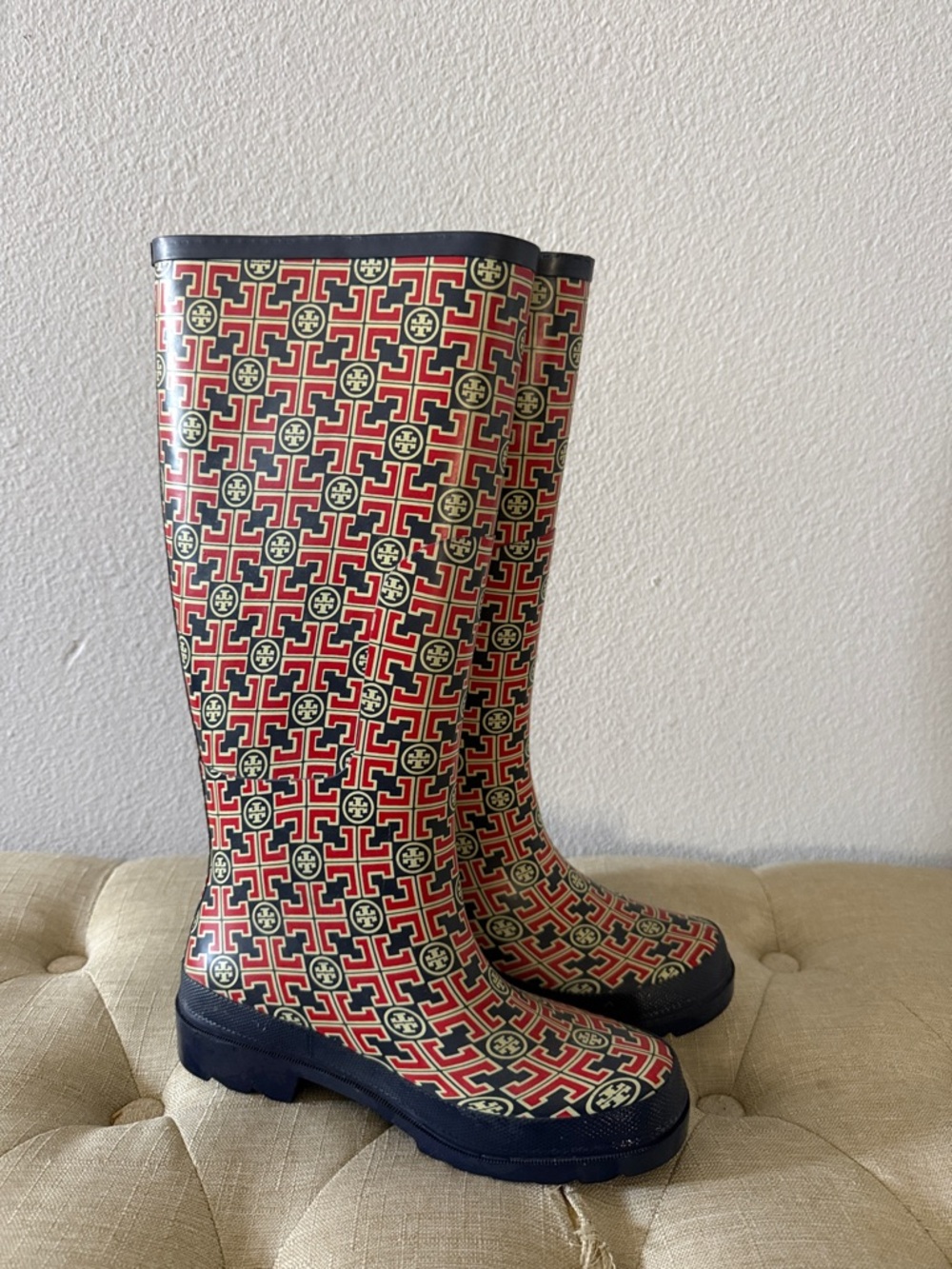 Tory Burch Patterned Red & Navy Rain Boots